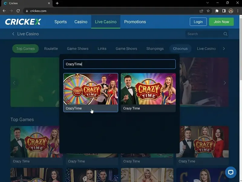Crazy Time search menu on Crickex.