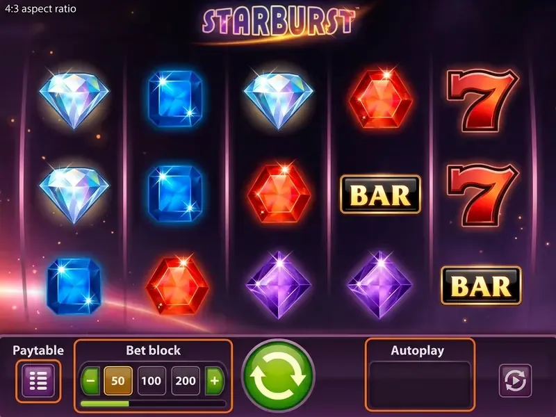 Starburst slot interface: spin, bet, autoplay